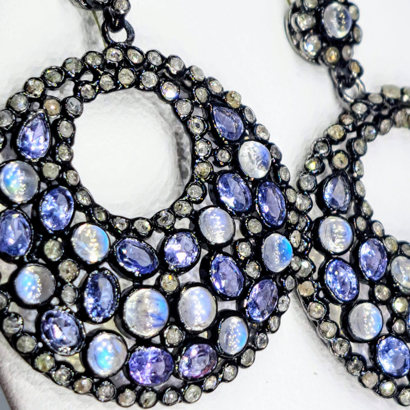"Bubbles" 1.75" Earrings - Tanzanite, Moonstone, Diamonds, Black Sterling