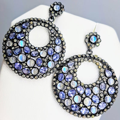 "Bubbles" 1.75" Earrings - Tanzanite, Moonstone, Diamonds, Black Sterling