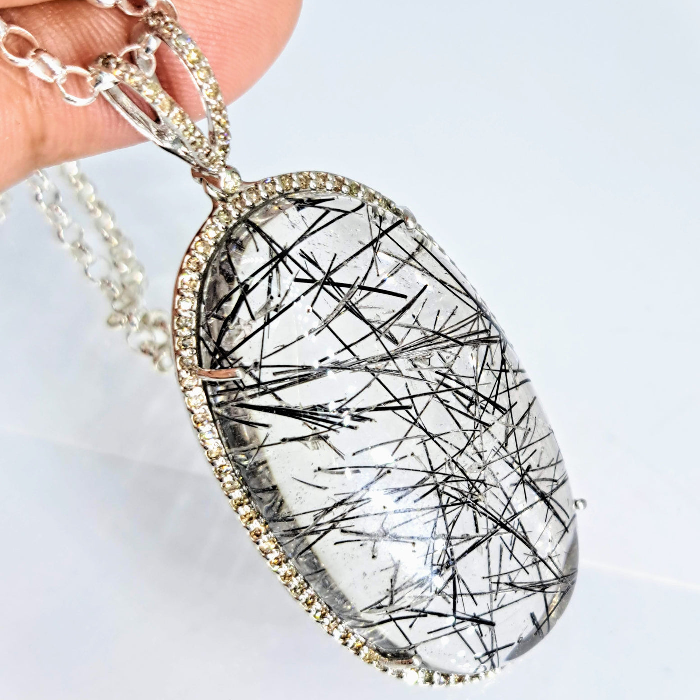 "Amazing!" Pendant Necklace - Tourmalinated Quartz, Diamonds, Sterling