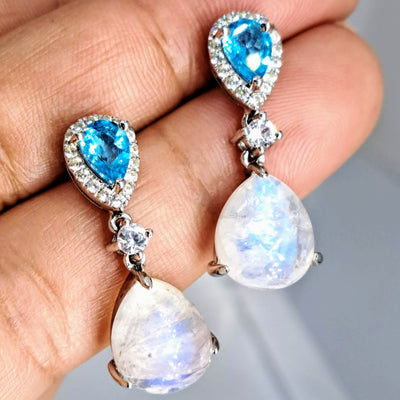 "Moon Shine" 1.25" Earrings - Moonstone, Sapphire, Apatite, Anti-tarnish Sterling