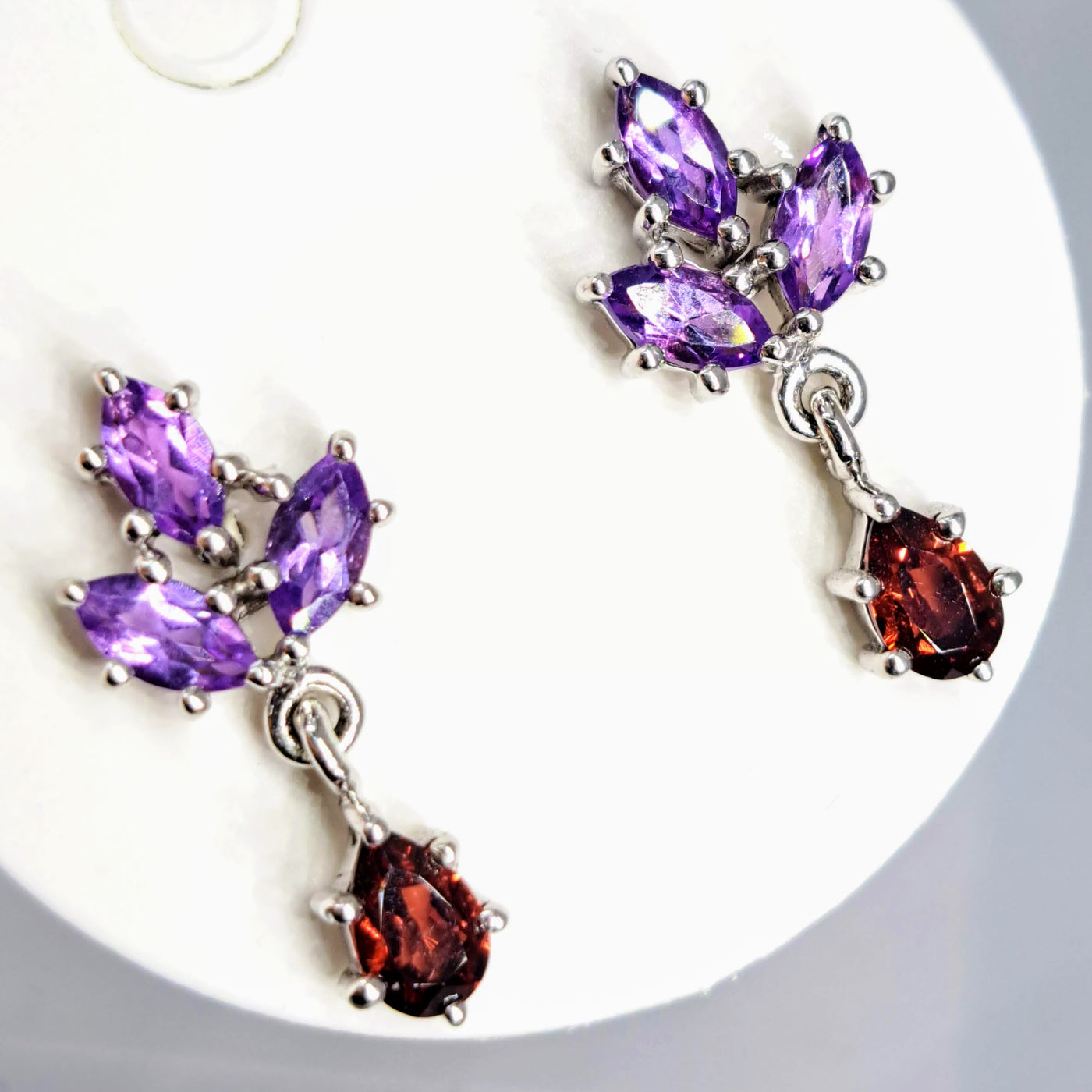 "Blossom Drop" 1" Earrings - Amethyst, Garnet, Anti-tarnish Sterling