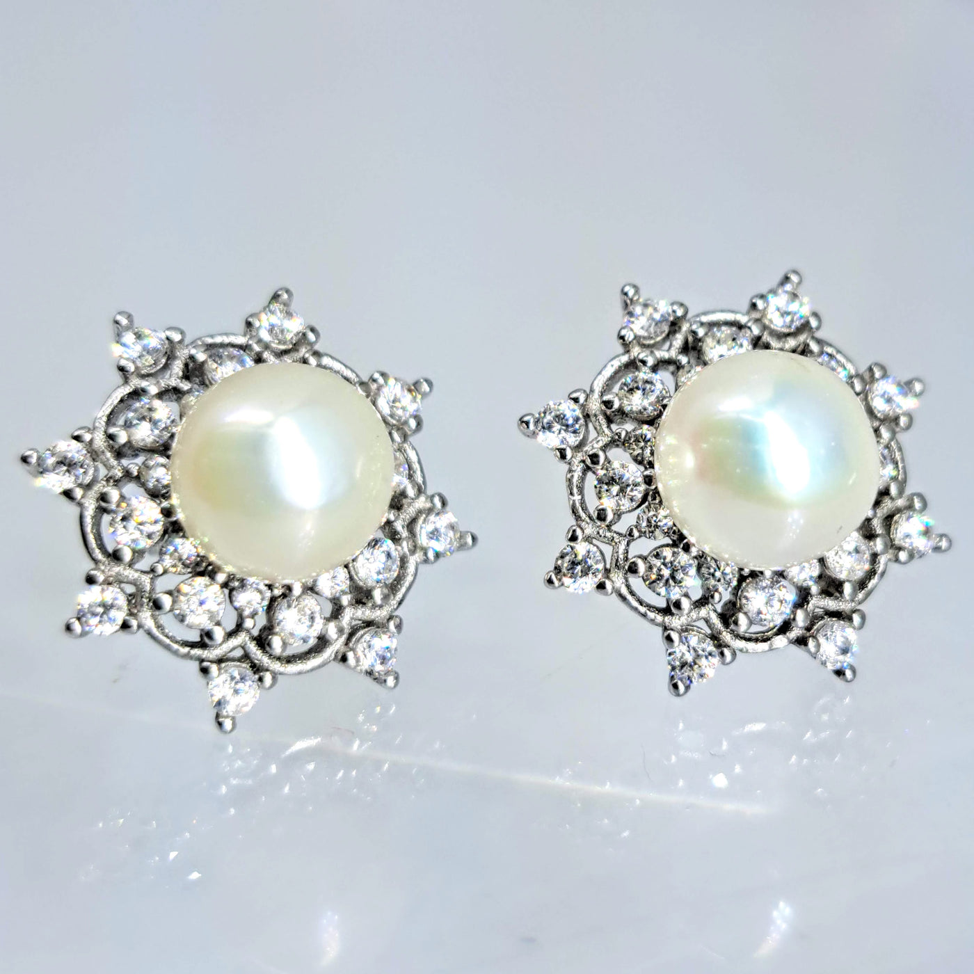 "Snow Flakes" .5" Earrings - Pearl, Crystal, Anti-tarnish Sterling