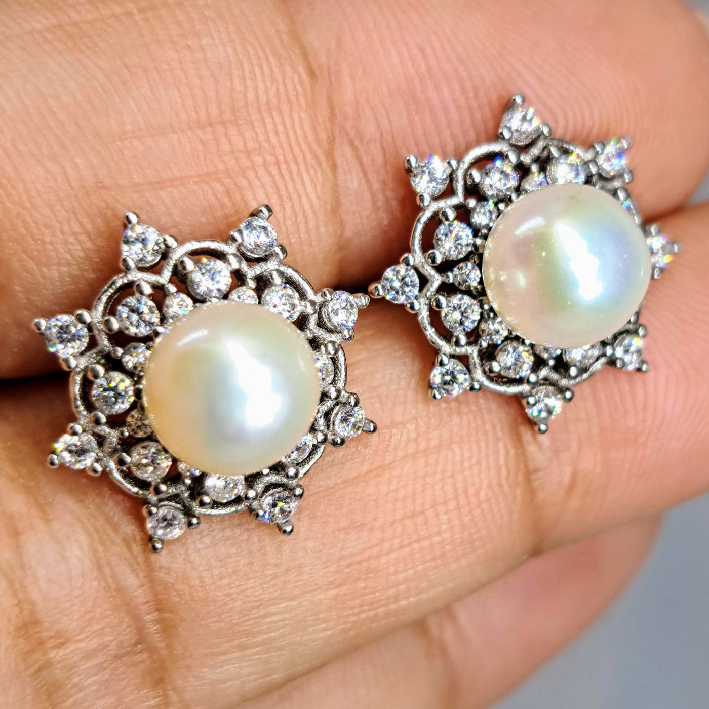 "Snow Flakes" .5" Earrings - Pearl, Crystal, Anti-tarnish Sterling