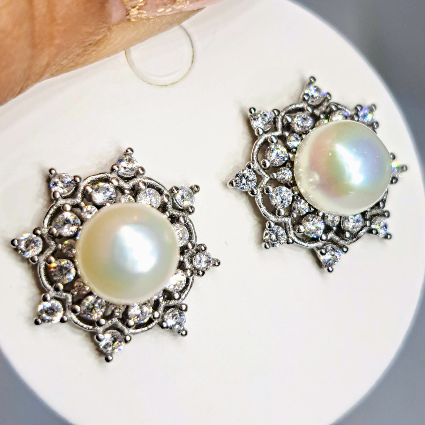 "Snow Flakes" .5" Earrings - Pearl, Crystal, Anti-tarnish Sterling