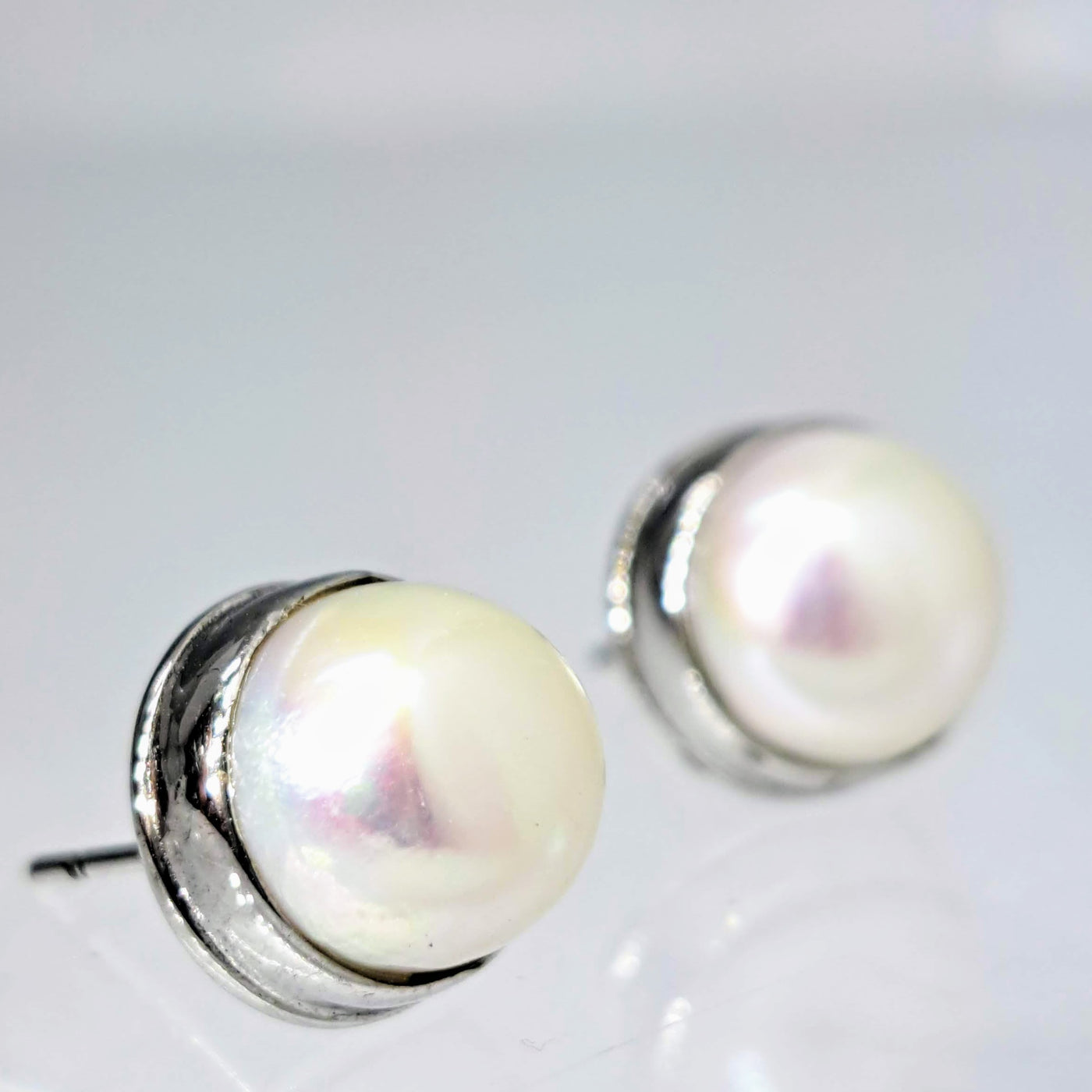 "Bezel-Set Pearl Studs" 3/8" Earrings - Pearl, Sterling