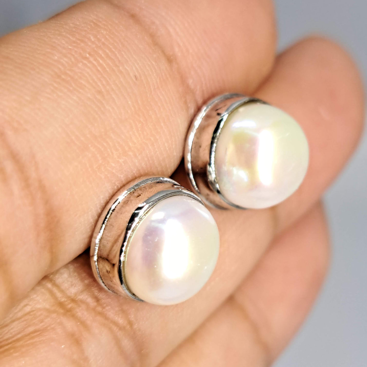 "Bezel-Set Pearl Studs" 3/8" Earrings - Pearl, Sterling