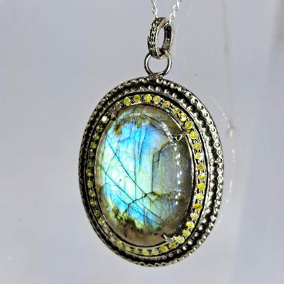"Moon Shine" Pendant Necklace - Labradorite, Canary Diamonds, Oxidized Sterling