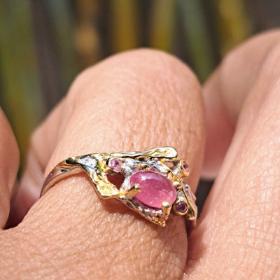 "Azalia" Size 7 Ring - Ruby, Pink Tourmaline, .925 Sterling Silver, 18k Gold