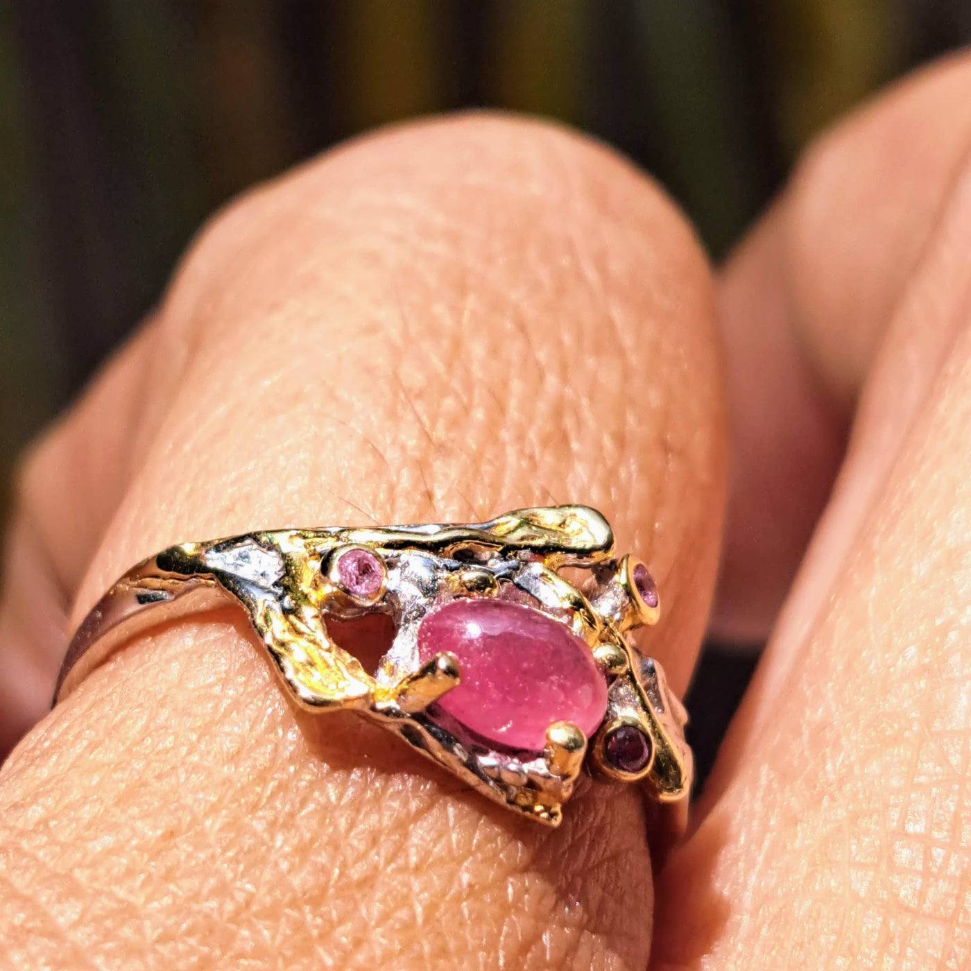 "Azalia" Size 7 Ring - Ruby, Pink Tourmaline, .925 Sterling Silver, 18k Gold