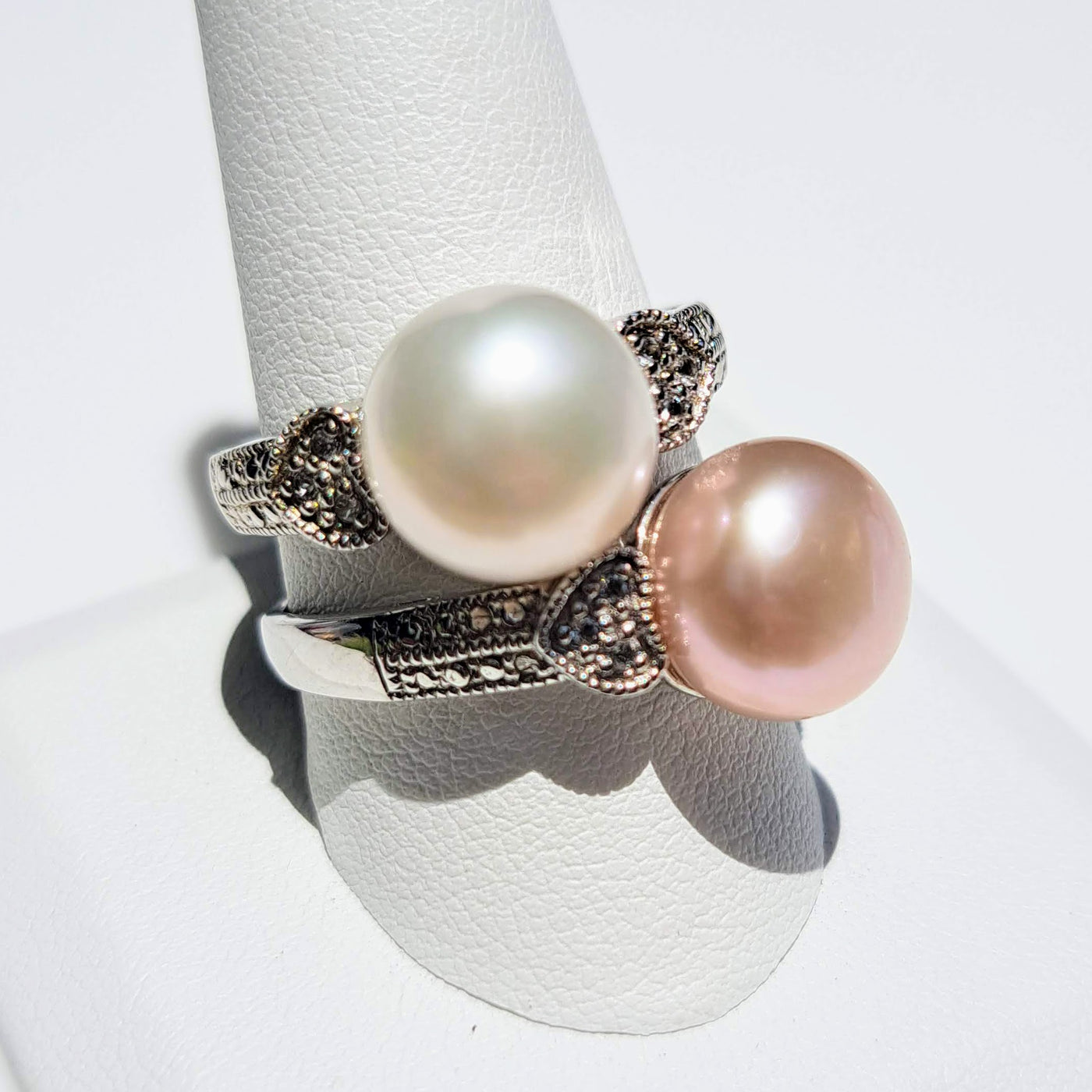 "Two Hearts" Ring - Sterling, Pearl, Topaz