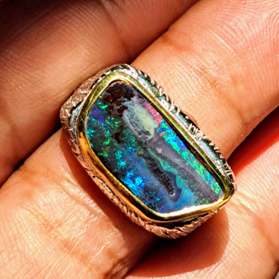 "SCIENCE!" Size 9 Ring - Boulder Opal, Sterling, 18k