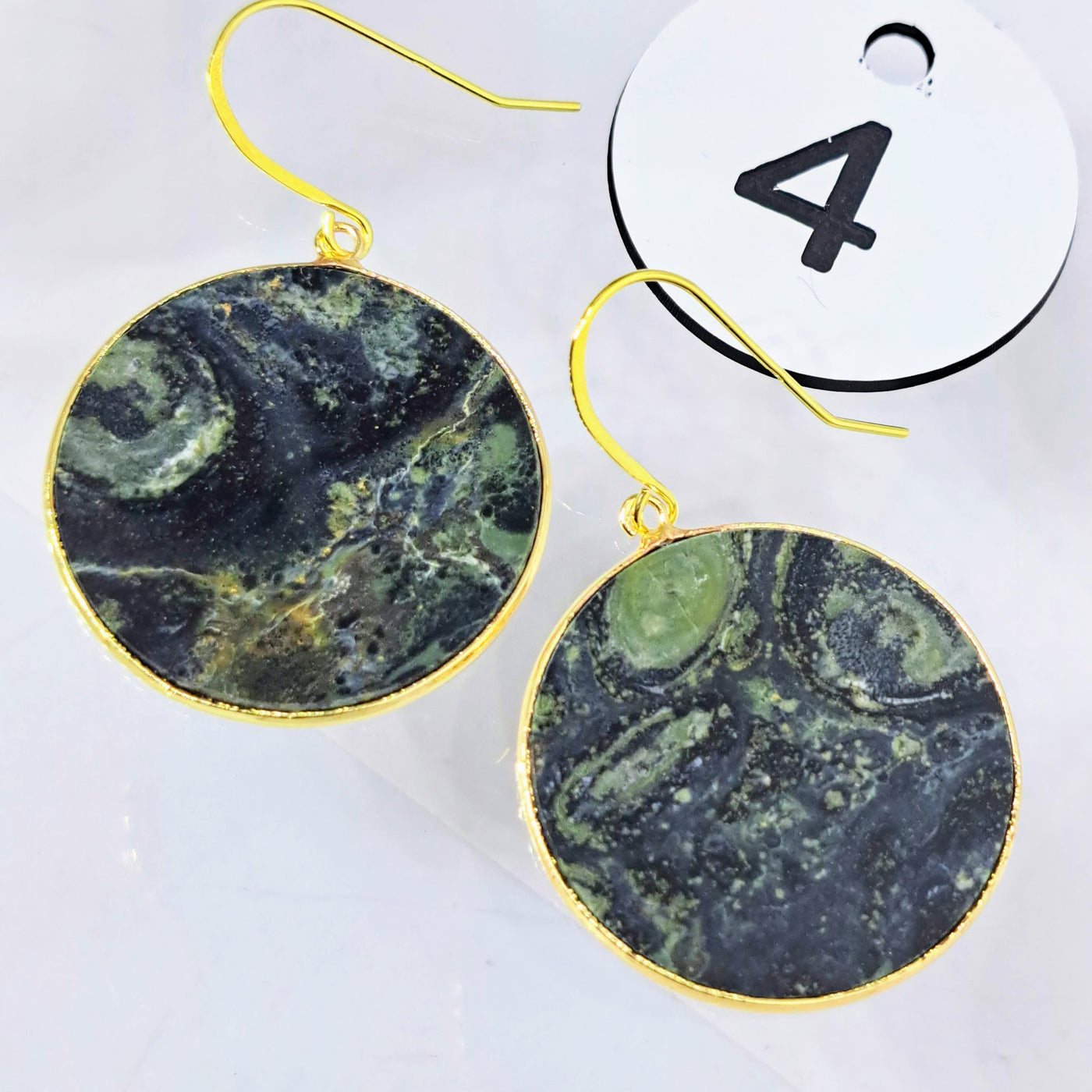 "Slice Of LIFE!" Earth Angel Earrings - Various GREEN Mineral Slices, Gold Sterling French Hooks