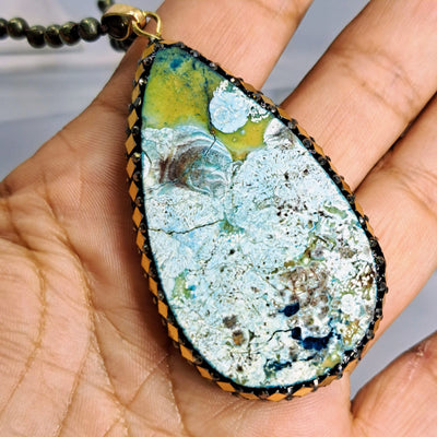 "Out Of Orbit" Pendant Necklace - Orbicular Ocean Jasper, Mosaic, Pyrite