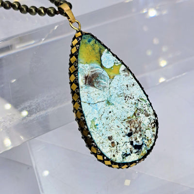 "Out Of Orbit" Pendant Necklace - Orbicular Ocean Jasper, Mosaic, Pyrite