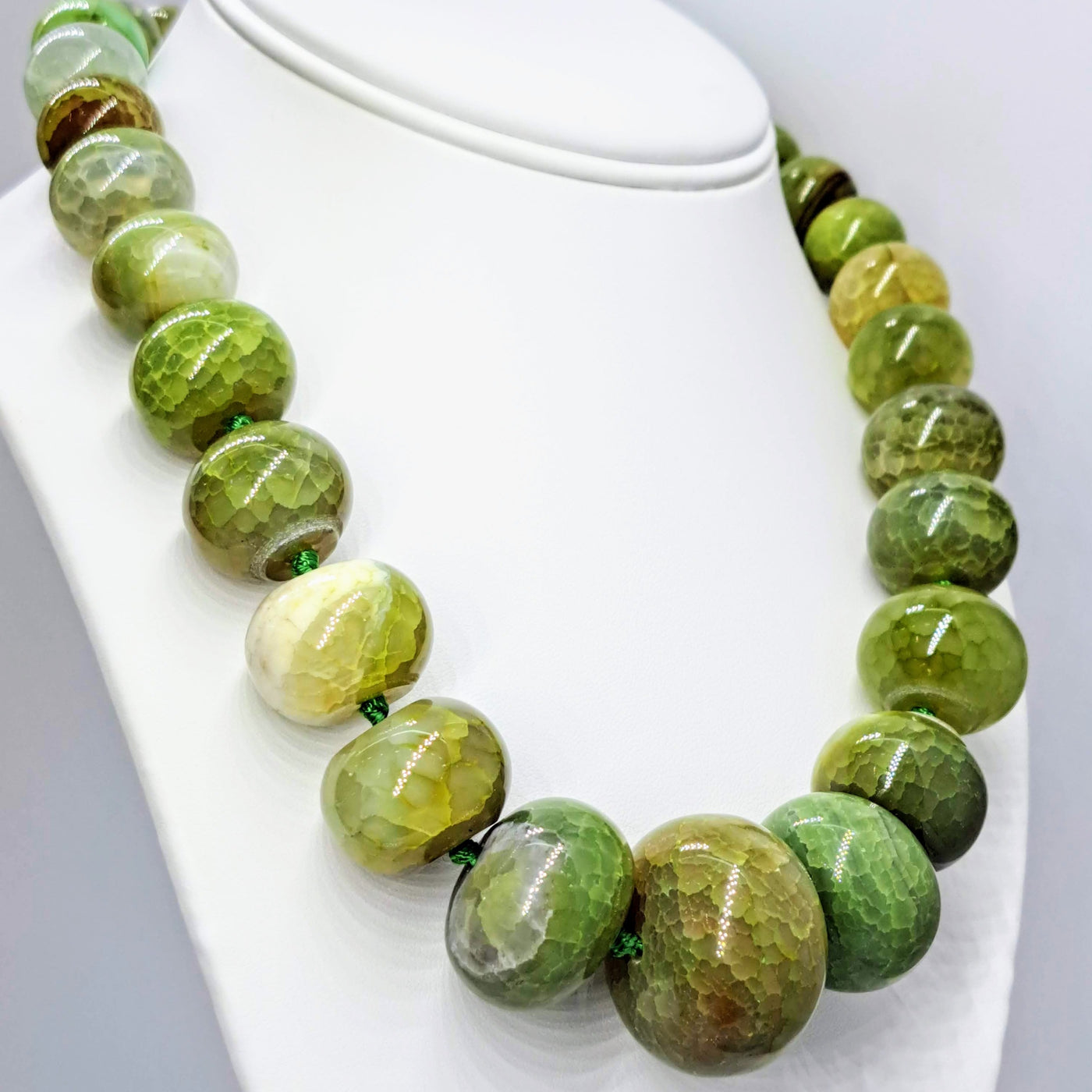 "Lady-Balls" 18"- 20" Necklace - Banded Green Agate, .925 Sterling