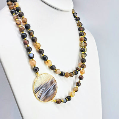 "Eye On Matte" 36" Necklace - Banded Agate, Gold Sterling