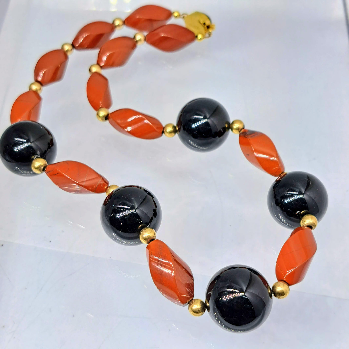 "5 Spice" 16" Necklace - Red Jasper, Black Onyx, Gold New Old Stock