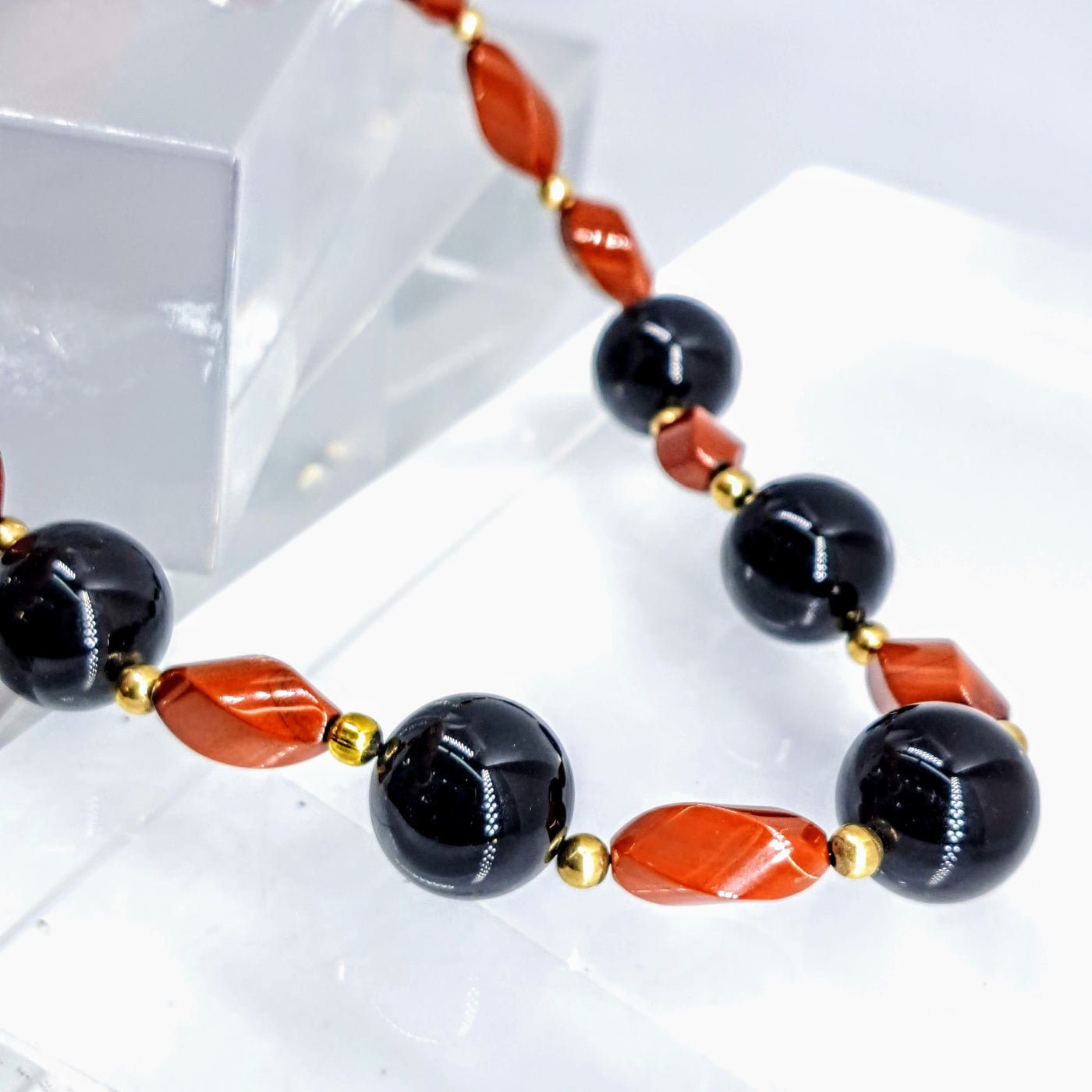 "5 Spice" 16" Necklace - Red Jasper, Black Onyx, Gold New Old Stock