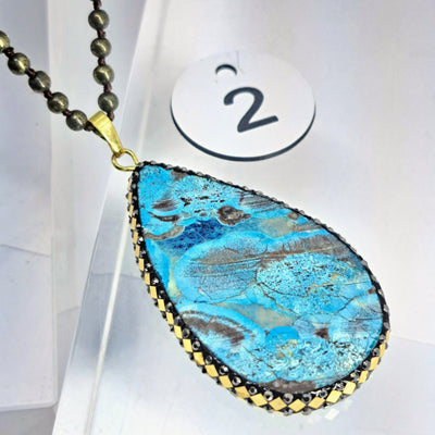 "Out Of Orbit" Pendant Necklace - Orbicular Ocean Jasper, Mosaic, Pyrite