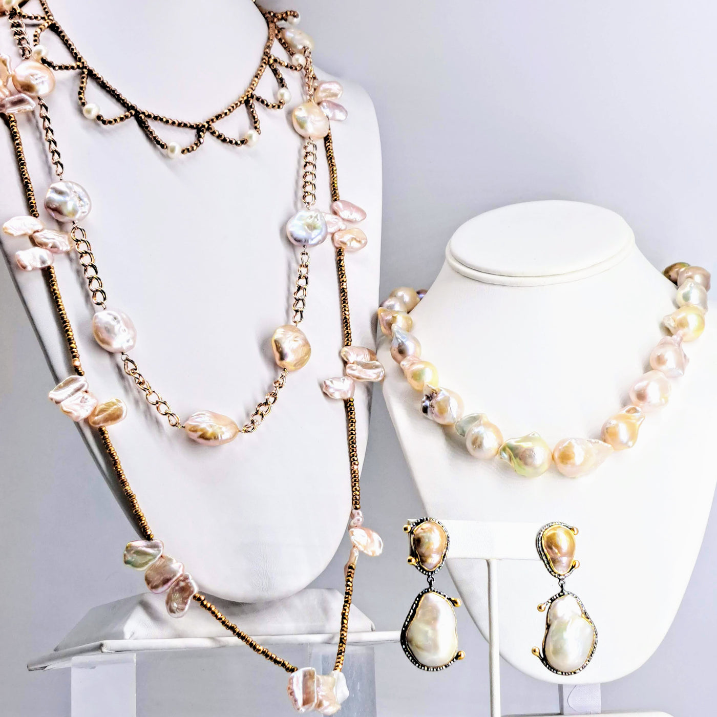 "Rosie Sticks" 36" Necklace - Rose Gold Hematite, Stick Pearls