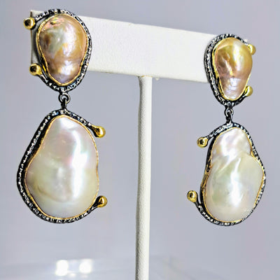 "Baroque Halfsies" 2" Earrings - Halved Baroque Pearls, Black Sterling, 18k