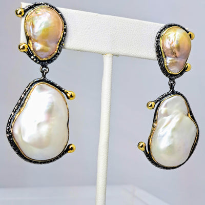 "Baroque Halfsies" 2" Earrings - Halved Baroque Pearls, Black Sterling, 18k