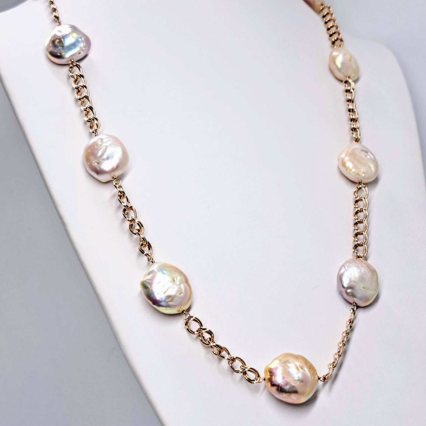 "Rock-N-Roll Cream Puff" 26"-28" Necklace - Pearls, Rose Gold Sterling