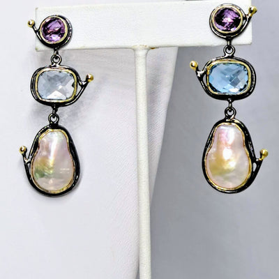 "Half Baroque" 2" Earrings - Amethyst, Blue Topaz, Baroque Pearl, Black Sterling, 18k