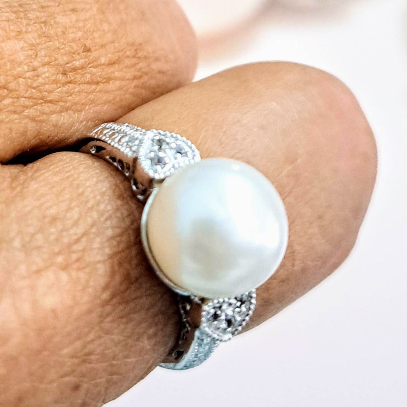 "Two Hearts" Sz 9 & Sz 11 Ring - Sterling, Pearl, Topaz