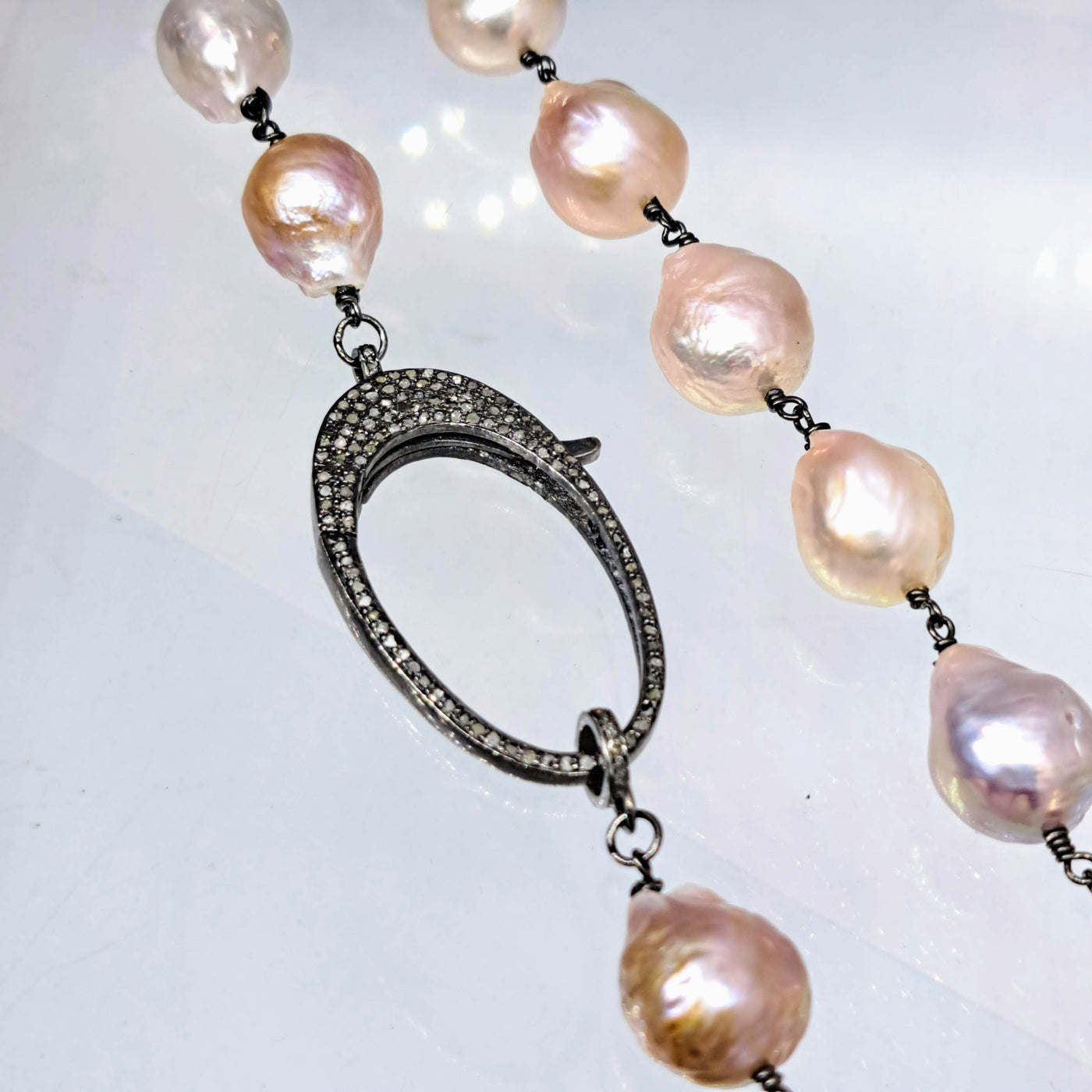 "Rock N Roll Pearls" 20" Necklace - Baroque Edison Pearls, Diamonds, Oxidized Sterling
