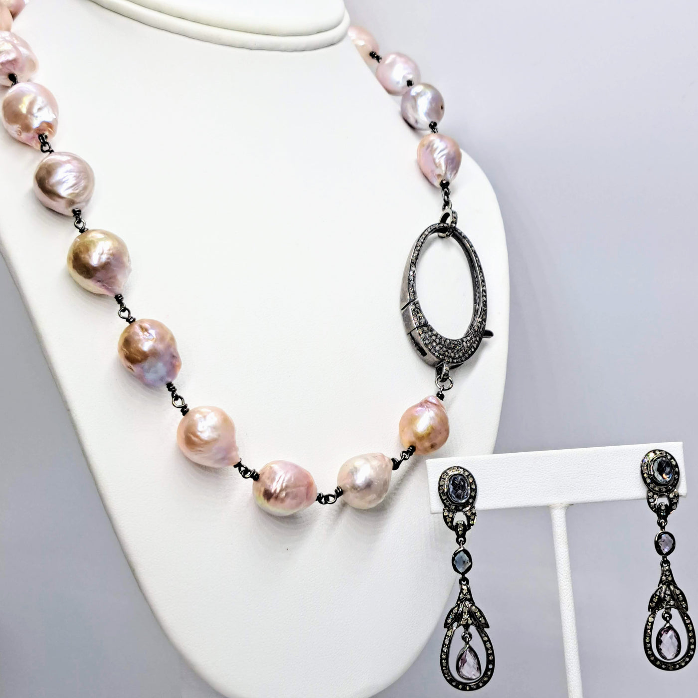 "Rock N Roll Pearls" 20" Necklace - Baroque Edison Pearls, Diamonds, Oxidized Sterling
