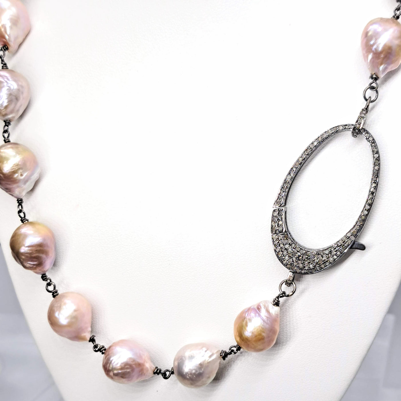 "Rock N Roll Pearls" 20" Necklace - Baroque Edison Pearls, Diamonds, Oxidized Sterling