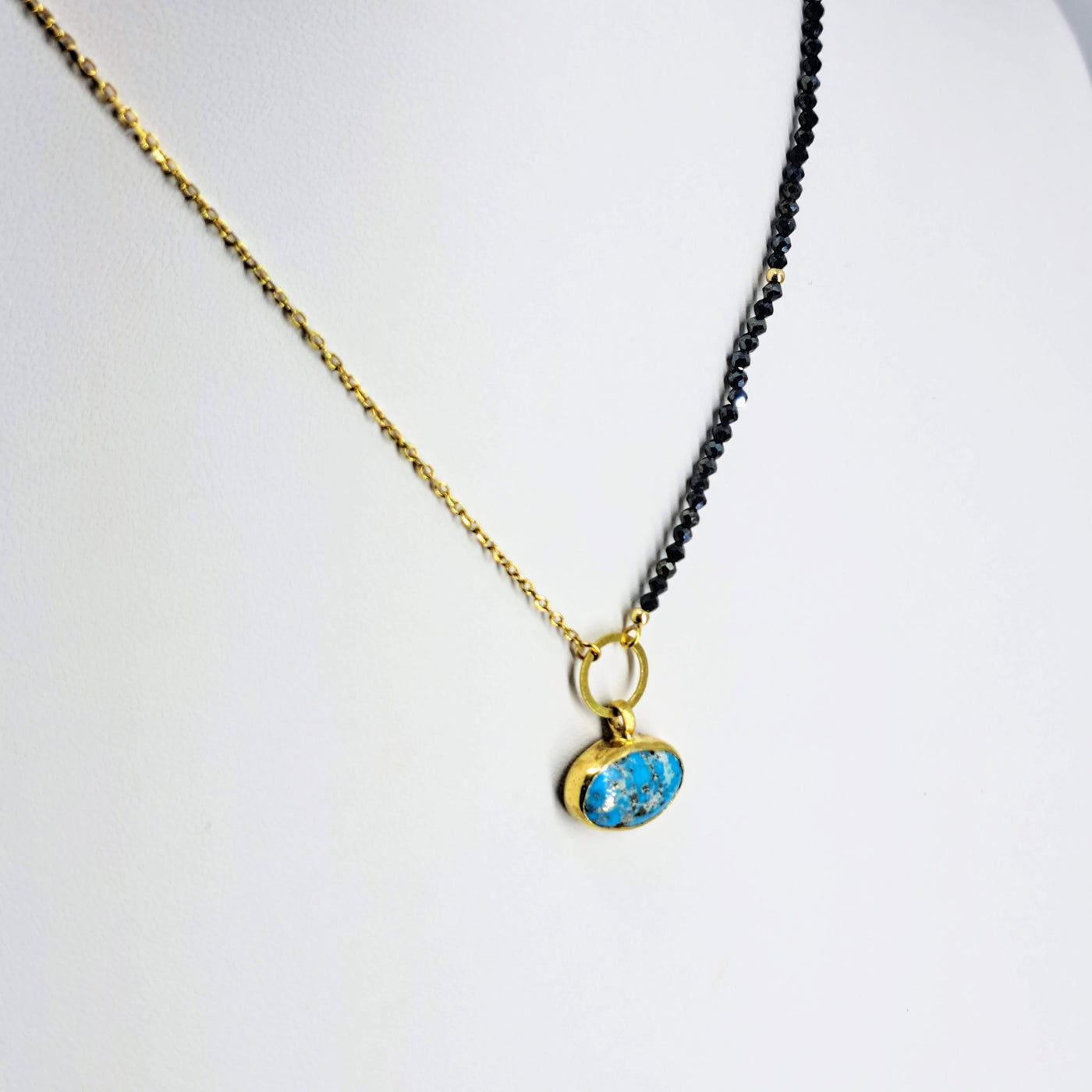 "Sky Light" Pendant Necklace - Turquoise, Black Spinel, Gold Sterling