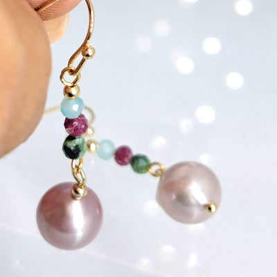 "Garden" 1.75" Earrings - Chalcedony, Ruby Zoisite, Pearl, Gold Sterling