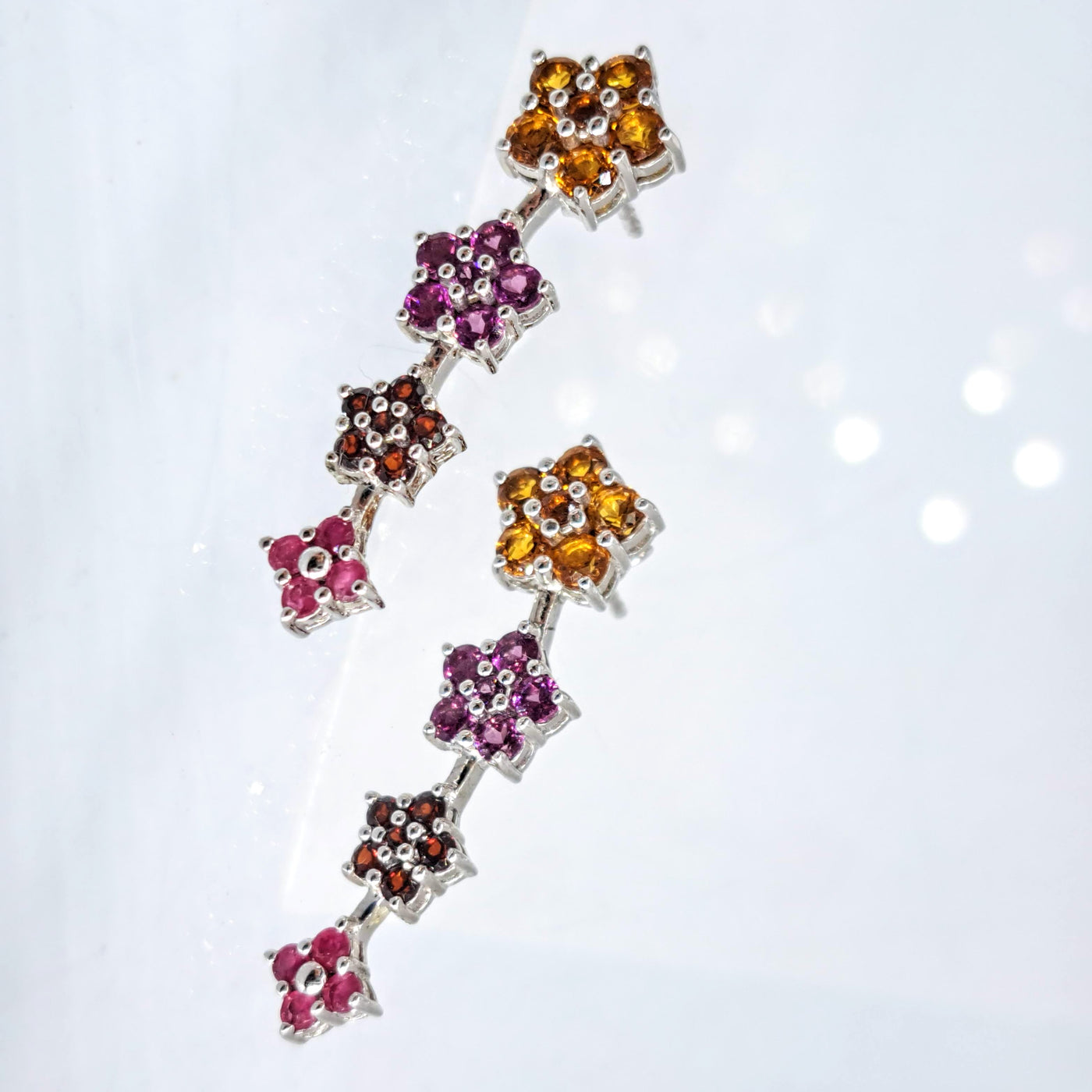 "Four Fleurs" 1.5" Earrings - Ruby, Garnet, Pink Tourmaline, Citrine, Anti-tarnish Sterling