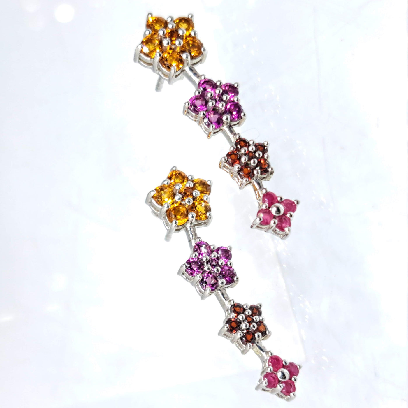 "Four Fleurs" 1.5" Earrings - Ruby, Garnet, Pink Tourmaline, Citrine, Anti-tarnish Sterling