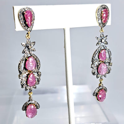 "Rosas Bonitas" 2.5" Earrings - Ruby, Diamonds, Black Sterling, 22k Gold Sterling