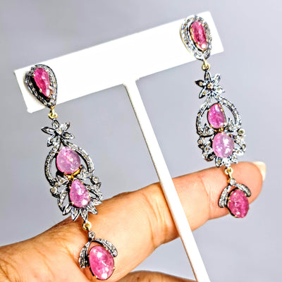 "Rosas Bonitas" 2.5" Earrings - Ruby, Diamonds, Black Sterling, 22k Gold Sterling