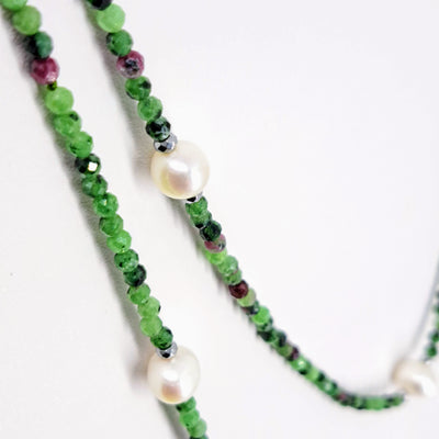 "Garden" 60" Convertible Necklace Bracelet - Ruby Zoisite, Pearls, Hematite (Enhancer Clip Included)