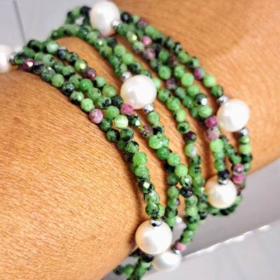 "Garden" 60" Convertible Necklace Bracelet - Ruby Zoisite, Pearls, Hematite (Enhancer Clip Included)