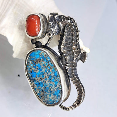 "Seahorse Of Course!" Adj. Sz Ring - Turquoise, Italian Red Coral Sterling