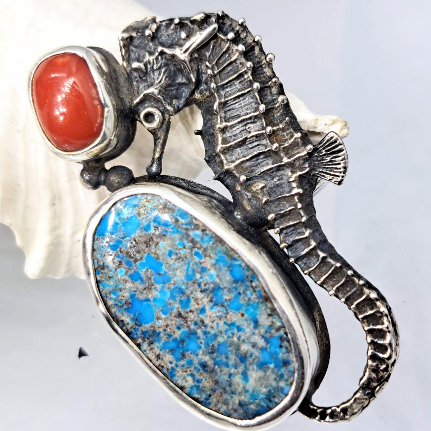 "Seahorse Of Course!" Adj. Sz Ring - Turquoise, Italian Red Coral Sterling