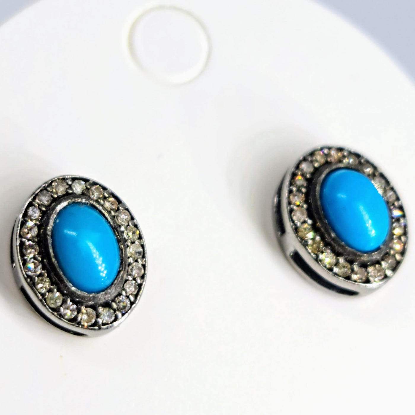 "Sleeping Beauty Studs" 3/8" Earrings - Turquoise, Diamond, Black Sterling
