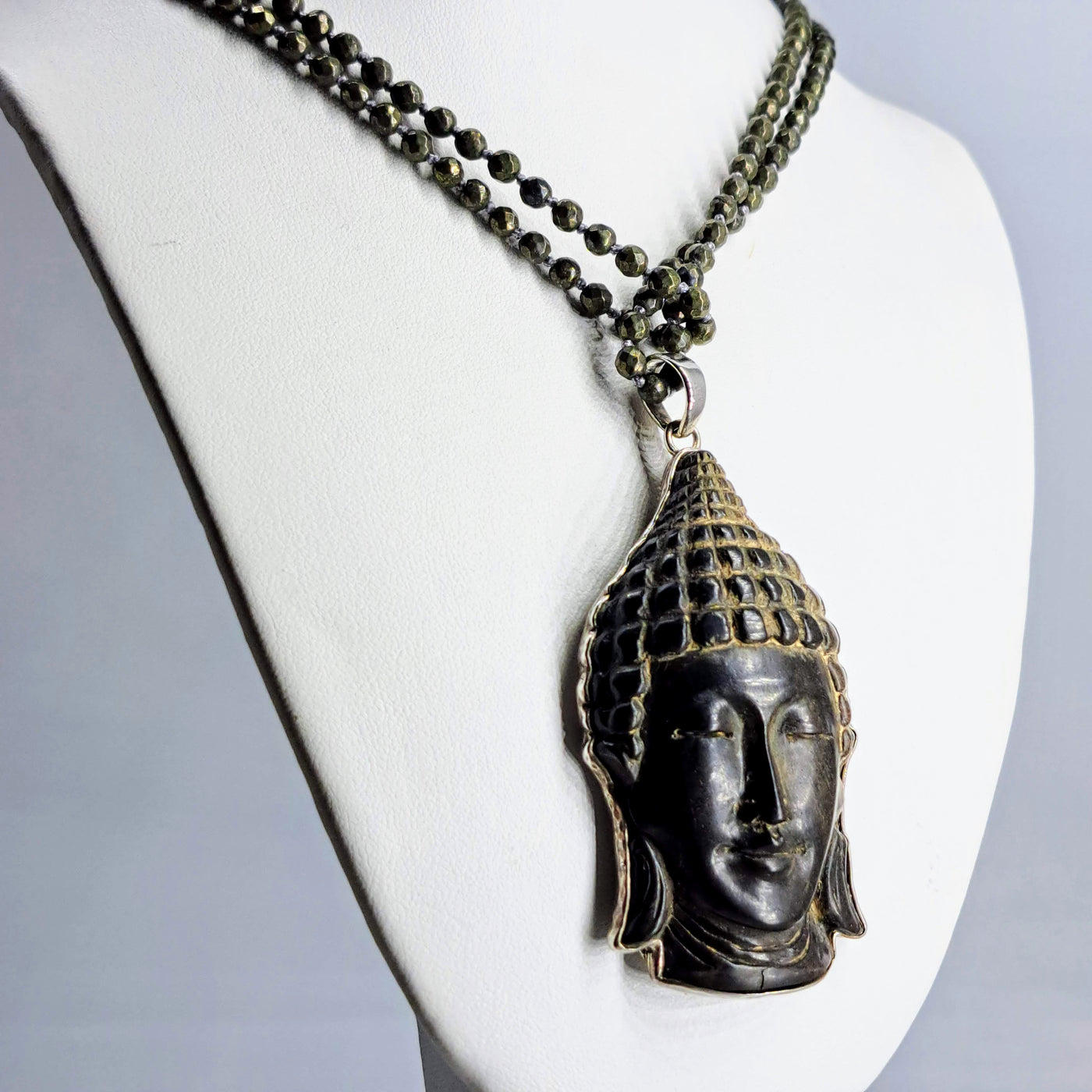 "Buddha Wood Good" 36" Convertible Pendant Necklace - Ebony, Sterling, Pyrite