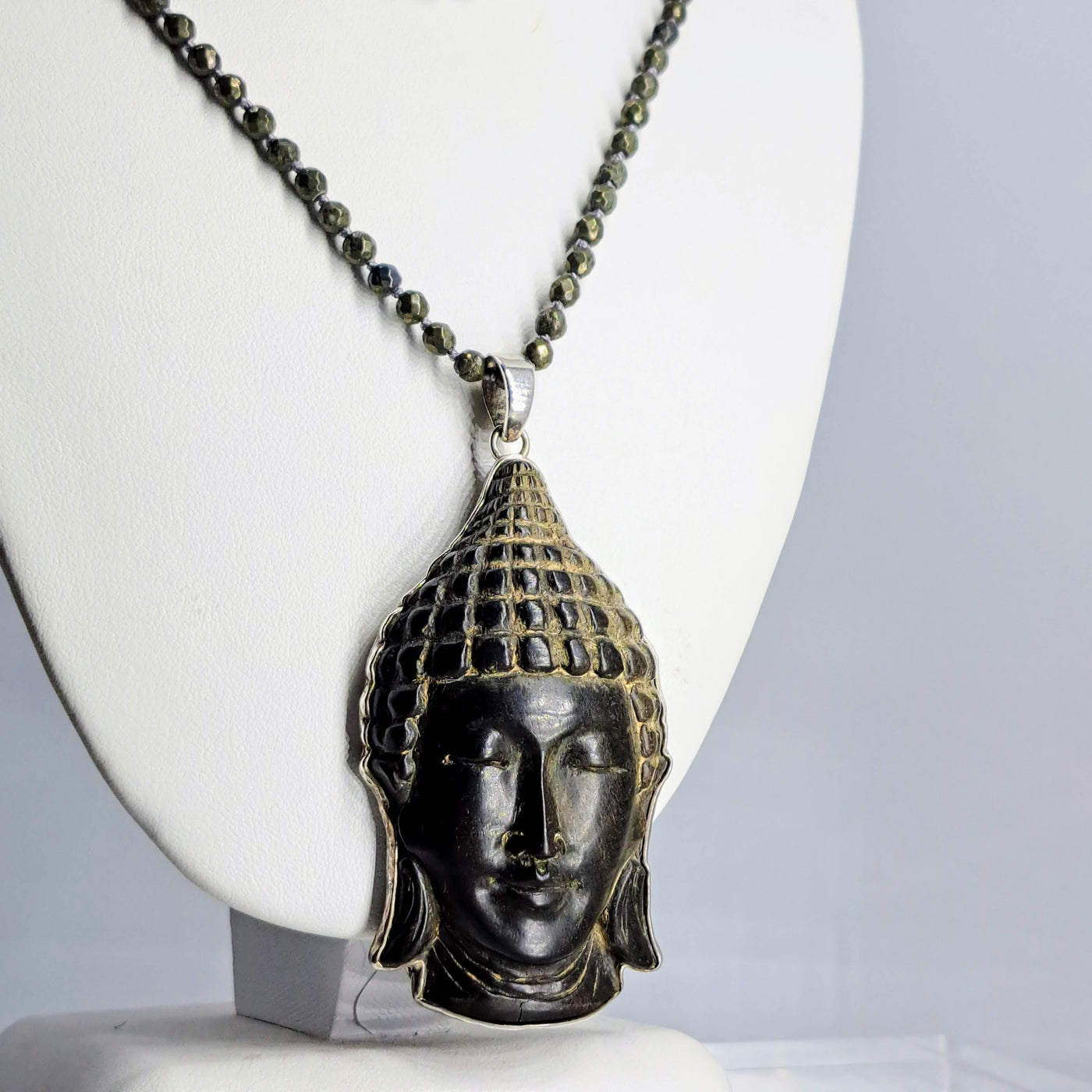 "Buddha Wood Good" 36" Convertible Pendant Necklace - Ebony, Sterling, Pyrite