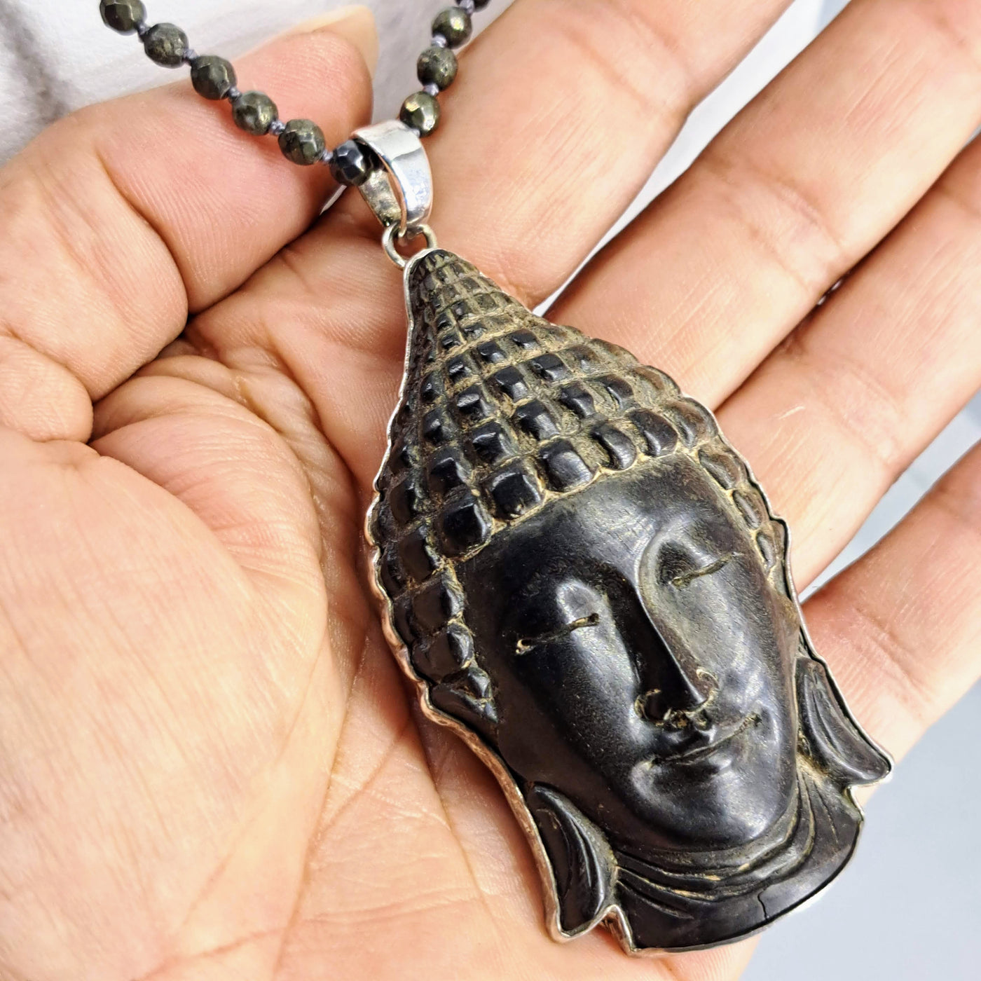 "Buddha Wood Good" 36" Convertible Pendant Necklace - Ebony, Sterling, Pyrite