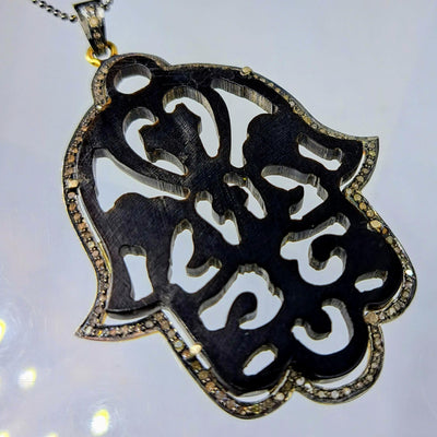 "Hand Of God" Pendant Necklace - Horn, Diamond, Sterling, 18k Gold