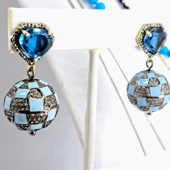"Soccer Mom" 1.5" Earrings - Topaz, Diamonds, Enamel, Gold Sterling