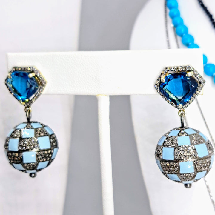 "Soccer Mom" 1.5" Earrings - Topaz, Diamonds, Enamel, Gold Sterling