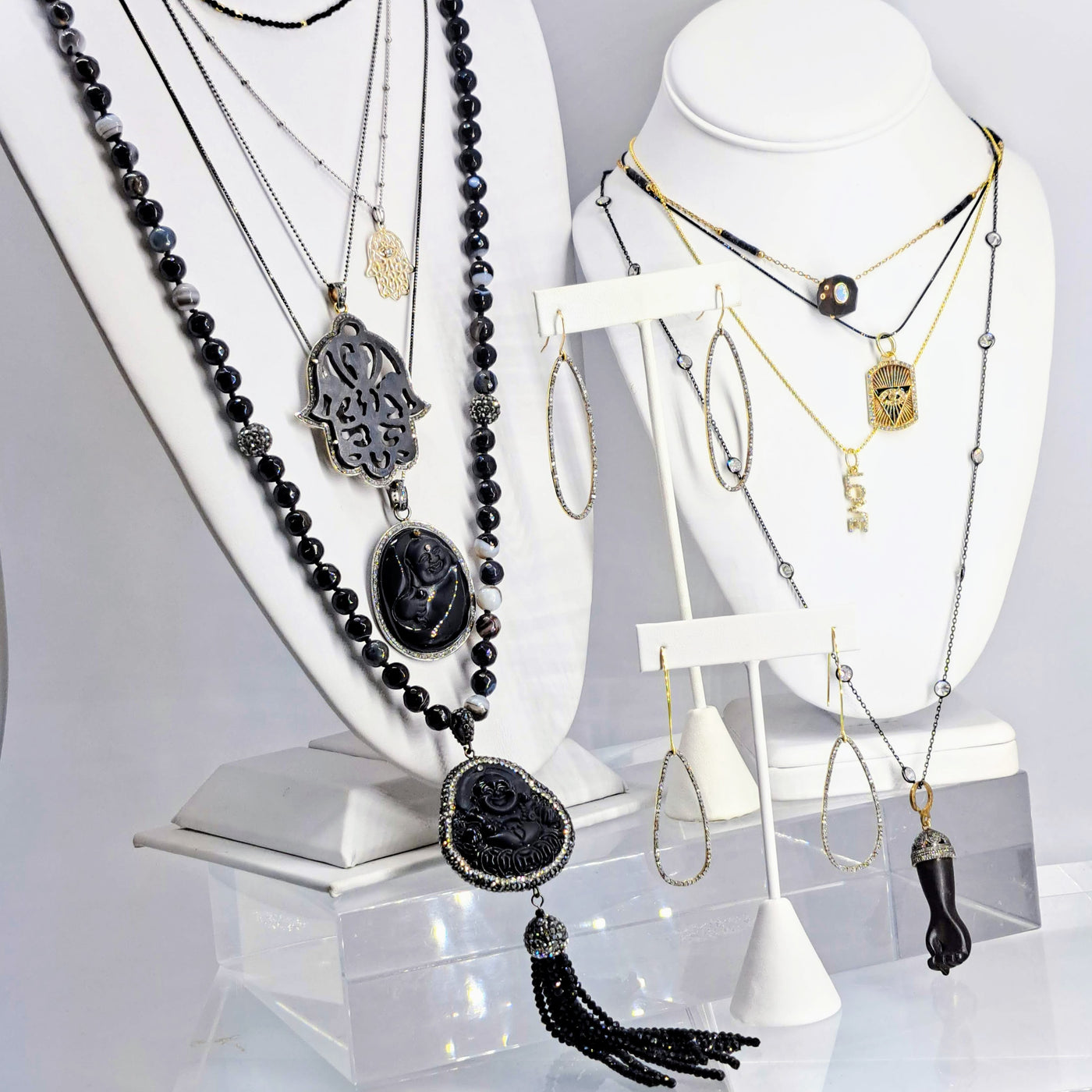 "Black Is Beautiful" Pendant Necklace - Glass, Swarovski, Agate